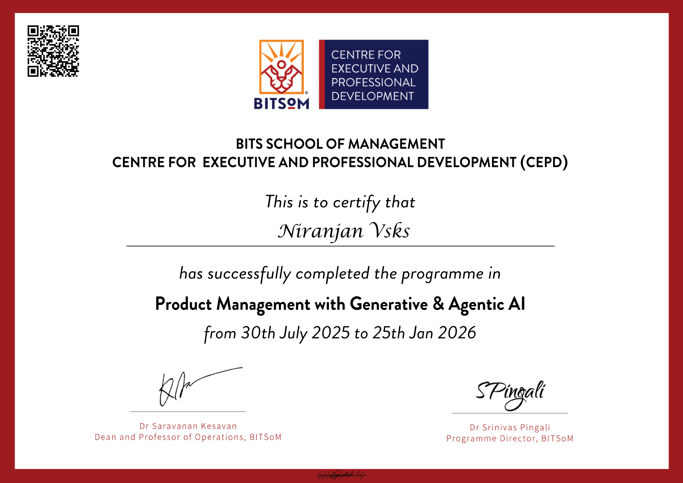 BITSoM certificate: Product Management with Generative & Agentic AI, awarded to Niranjan Vsks