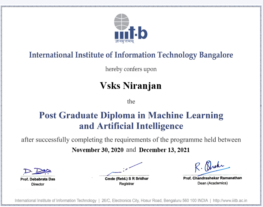 IIIT Bangalore Post Graduate Diploma in Machine Learning and Artificial Intelligence, awarded to Niranjan Vsks